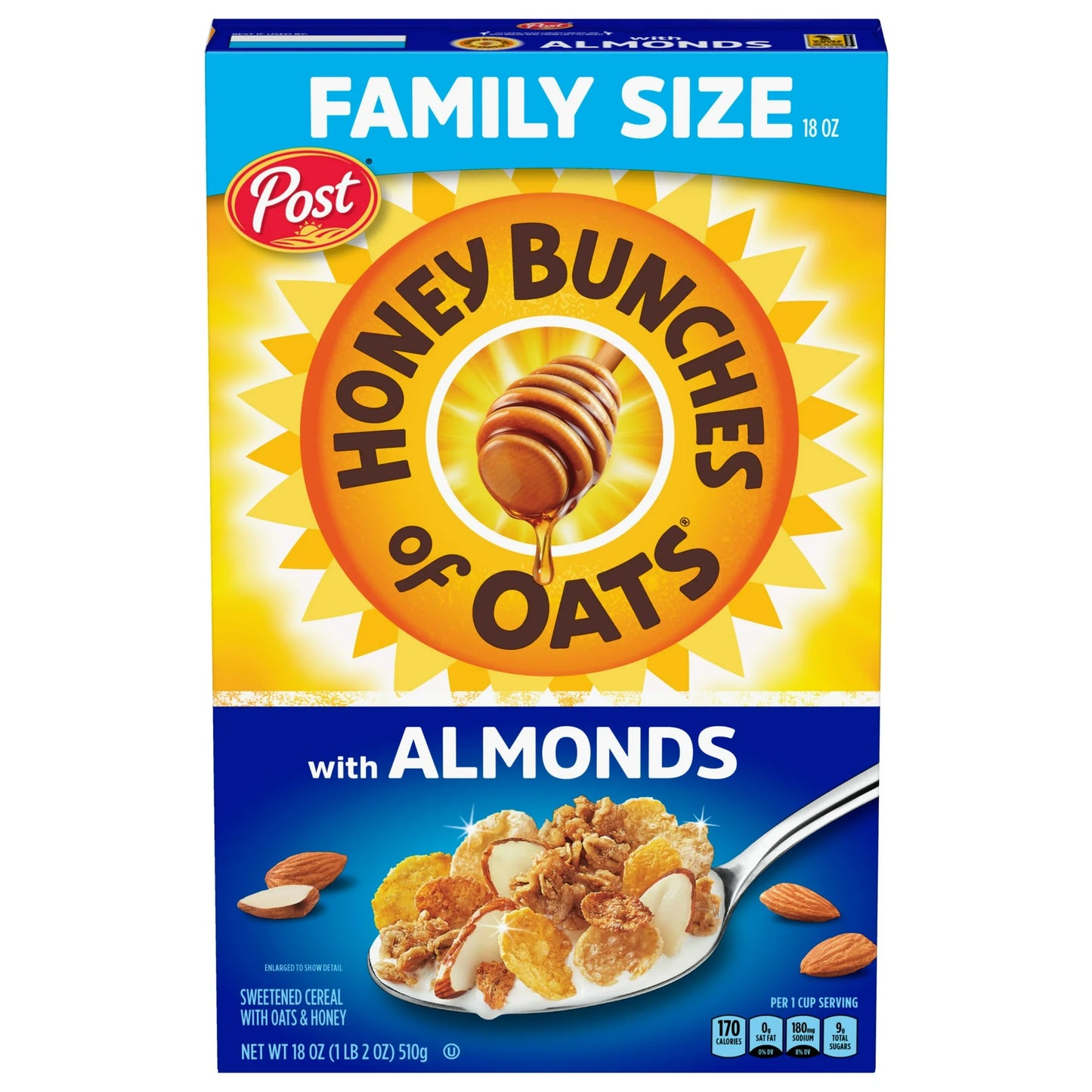 Post Honey Bunches of Oats with Almonds Breakfast Cereal, Family Size Cereal, 510g