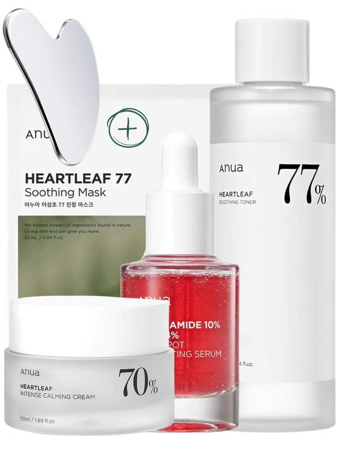 Anua Skincare Essentials Pack - Niacinamide 10% Serum, Heartleaf Soothing Toner, Heartleaf Calming Cream & Premium Face Massager | Hydrating, Pore Minimizing, Skin Brightening, Soothing 330ml